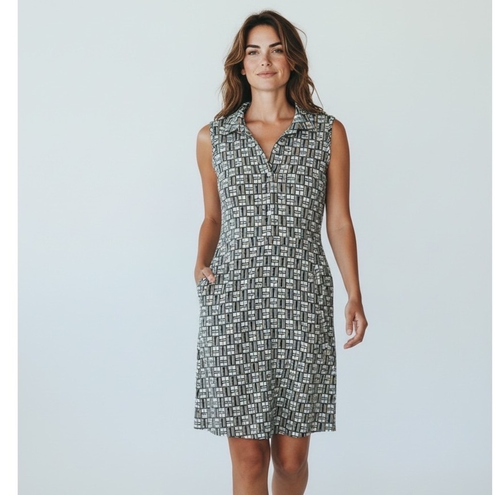 J.McLaughlin Blue Geometric Print Sleeveless Shift Dress with Pockets Size M